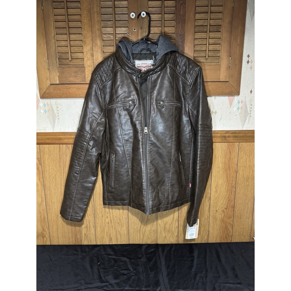 Levi Faux-Leather Hooded Racer Jacket Size Large Retail: $160- Deep Brown